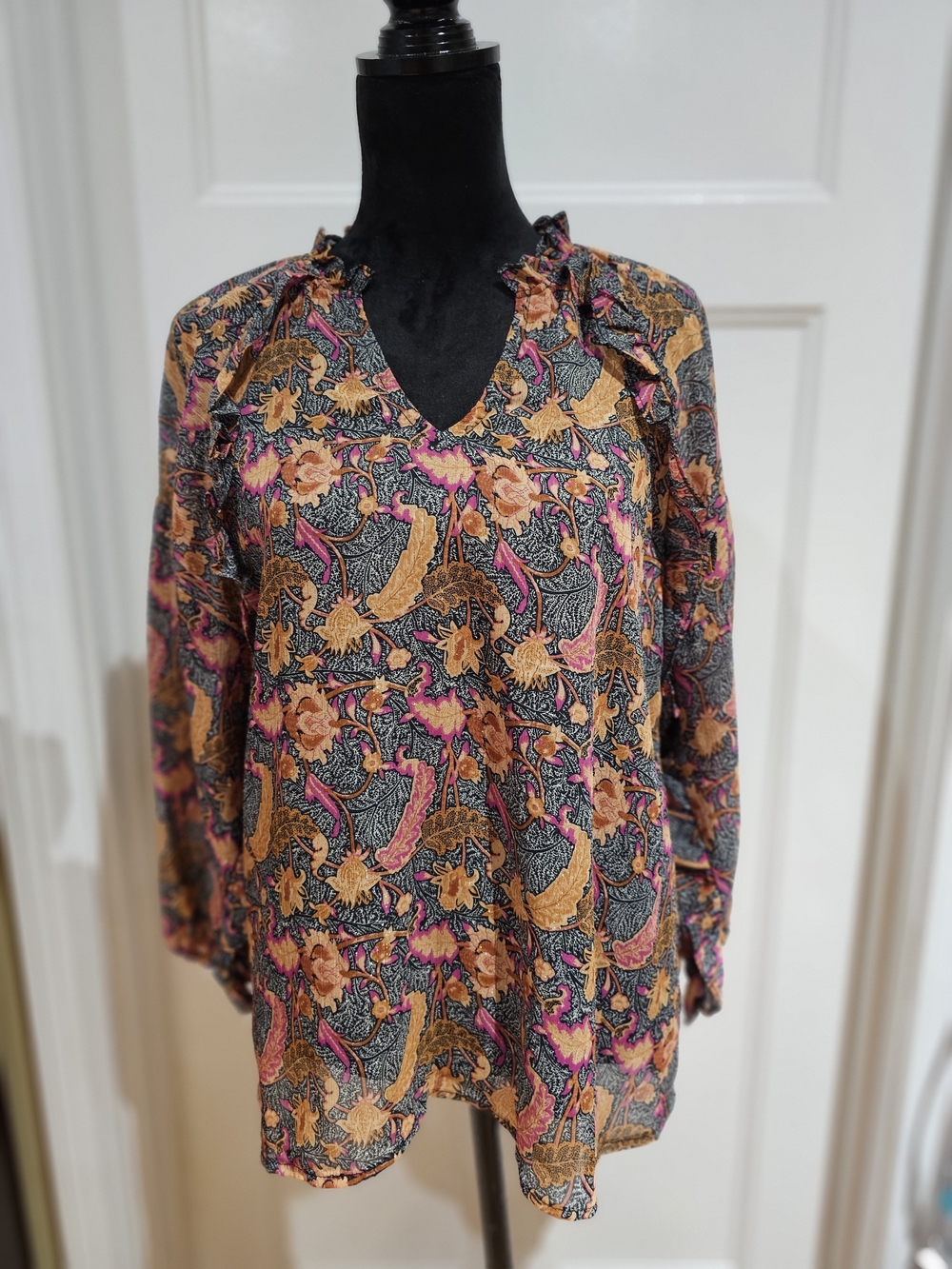 entro Floral Paisley V-Neck Blouse in Mustard, Pink & Black